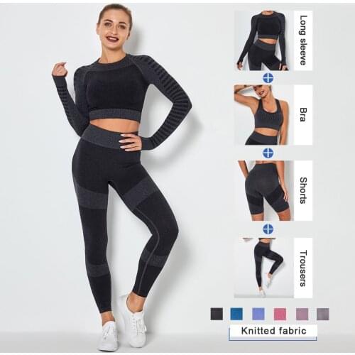 2 Pcs Women Seamless Yoga Set Workout Sportwear Long Sleeve Gym Clothing Fitness Crop Top Bra High Waist Leggings Sports Suits