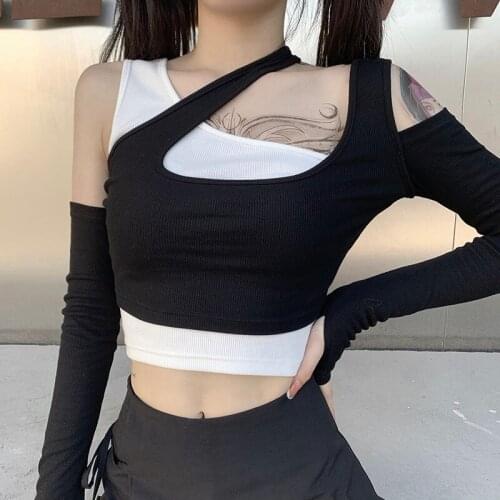 Punk Fashion Black White Patchwork Top Long Sleeve Crop Top women Harajuku Trash Off Shoulder Top 2021