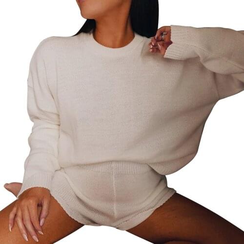 Women Knitted 2 Piece Set Casual Outfits Suits Knitwear Long Sleeve Pullover Solid Baggy Tops Shorts Fashion Homewear