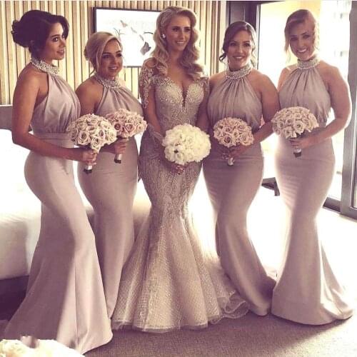 Gray Bridesmaid Dress 2021 Halter Mermaid Floor Length Sleeveless Women Court Train Fishtail Maid Gown Graceful Chiffon Crystal