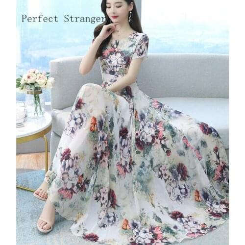 2021Summer New Arrival Hot Sale Round Collar Flower Printed Short Sleeve Women Long Chiffon Dress M-4XL