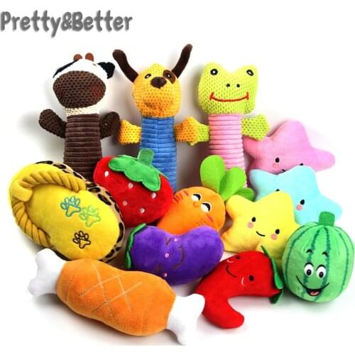 Pretty&Better 1pc Sounding Puppy Dog Chew Toy Fruit Vegetable Chicken Drum Bone Squeak Toy for Cat Pets Plush Pepper Eggplant