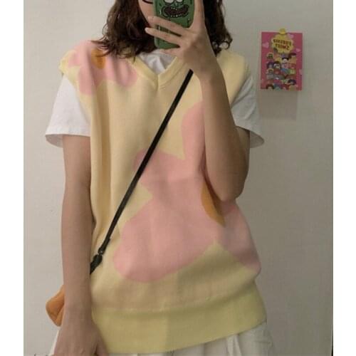 Floral Vest Knitted Sweater for Girl 2021 New Cute Knitwear Chic Fashion Sleeveless Jumper High Quanlity Pink Pullover Women