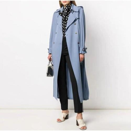 2021 6.22 High end New Women Tilored Turn-down collar Double Breasted With Belt Temperament Pleated Trench Coat