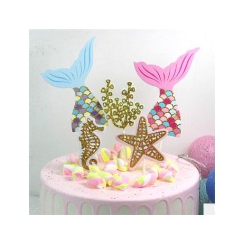 5pcs/set Glitter Mermaid Tail Starfish Seahorse Cake Toppers Picks For Gender Reveal Baby Shower Kids Birthday Party Decoration