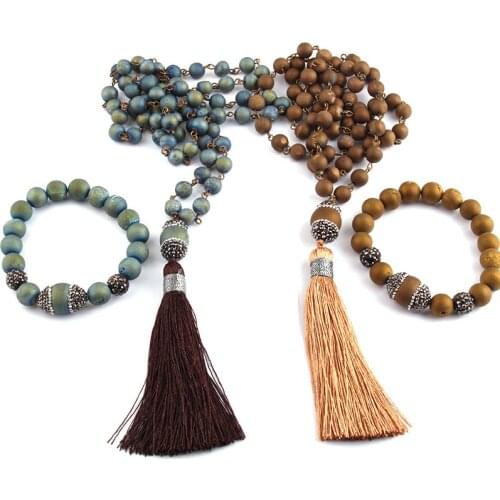 Fashion Handmake Paved Rosary Chain Natural Druzy Bead Tassel Fashion Necklaces Bracelet set For Women Ethnic Necklace