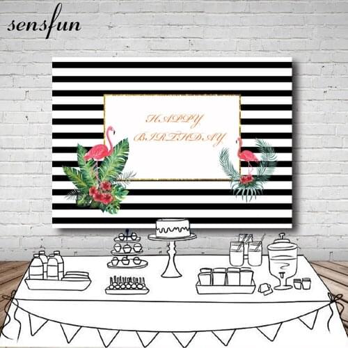 White And Black Striped Pink Flamingo Green Leaves Backdrop Happy Birthday Party Backgrounds For Photo Studio 7x5FT