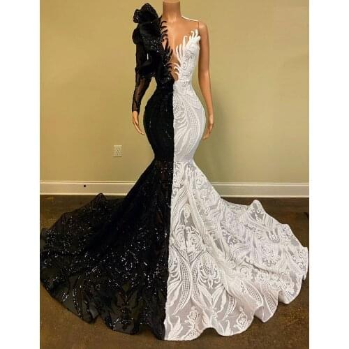 Long Black and White Evening Dresses 2020 Sexy Mermaid Single Long Sleeve Sequin African Women Formal Evening Gowns