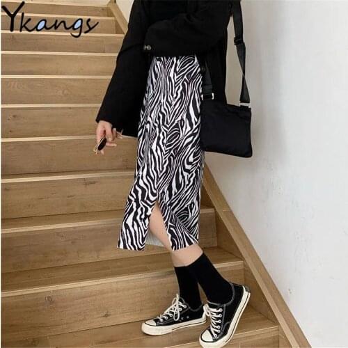 Women Vintage Zebra Print Skirt Straight-Fit Elastic High Waist Back Split Midi Long Skirt Korean Wild Ladies Outfits Streetwear