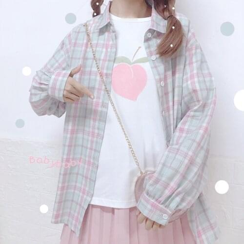 Lantern Sleeves Loose Plaid Shirt Lovely Sweet Korean Japan Womens Shirts Kawaii Girl Ulzzang Ulzzang Harajuku Top For Women