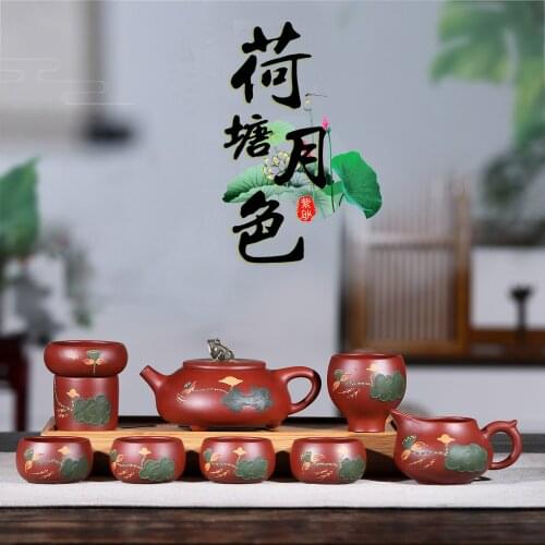 Yixing original ore purple sand Dahongpao lotus pond moonlight stone scoop pot Genuine purple sand handmade Kung Set teapot