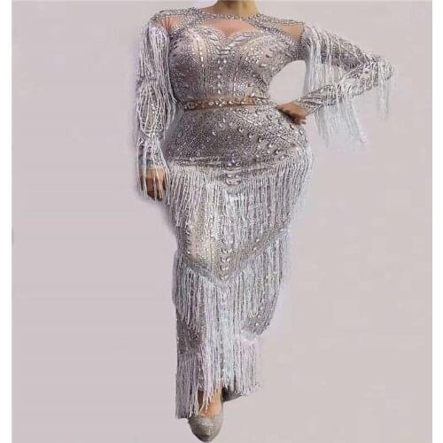 H116 Show Singer Jumpsuit Perspective Tassels Party Elastic Stretched Diamond Drilling Chain Long Sleeve Pearls Sexy Gem Club Dj