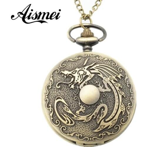 Coupon for wholesale price good quality fashion girl lady quartz new bronze Chinese dragon pocket watch necklace with chain