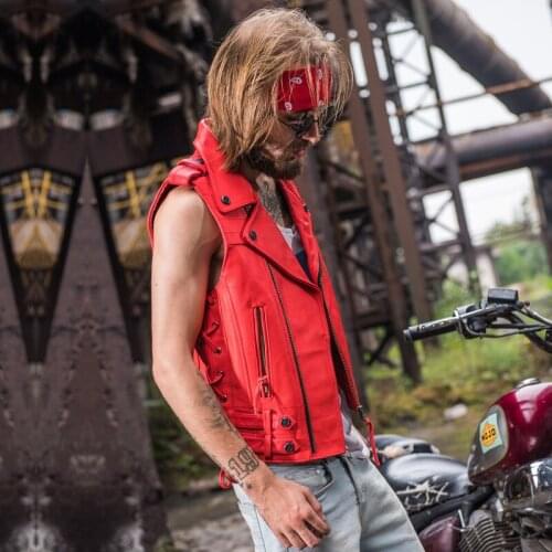 2020 Red Men American Motorcycle Plus Size XXXL Genuine Thick Cowhide Slim Fit Bikers Leather Vest FREE SHIPPING