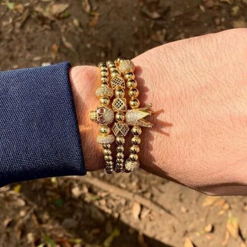 New 2021 Skull Men Bracelet Pave CZ New Fashion Luxury Crown Bracelet Copper Beads Braided Bracelet Men Women Jewelry Gift