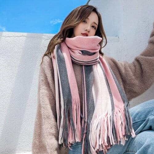 New Striped Scarf Autumn and Winter Womens Korean Thickened Cashmere Like Shawl and Long Student Warm Neck 200x55cm