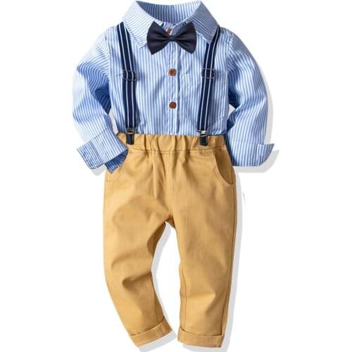 Oklady 2019 Spring Kids Boys Clothing Suit Gentleman Boys Clothing Suit Bow Striped Long-Sleeve Shirt +Stretch Pants 2pcs Boys