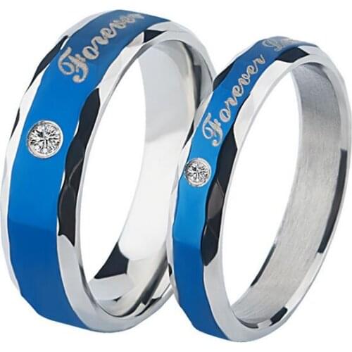 Stainless steel titanium micro mosaic blue zircon couple rings