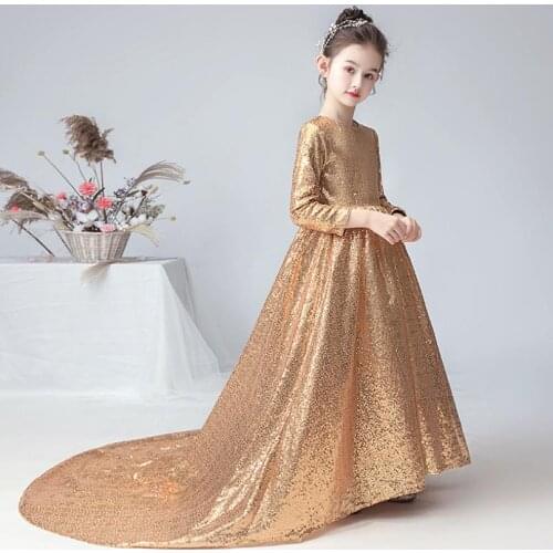 Heavy Industry Sequin Design Childrens Dress For Weddings Kids Catwalk Golden Evening Gown Girls Princess Dresses L719