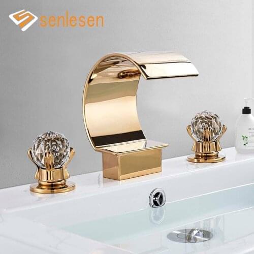 Senlesen Bathroom Basin Sink Faucet Golden Polished 3 PCS Deck Mounted with Waterfall Spout Taps (Chrome/Nickle Brushed/Black