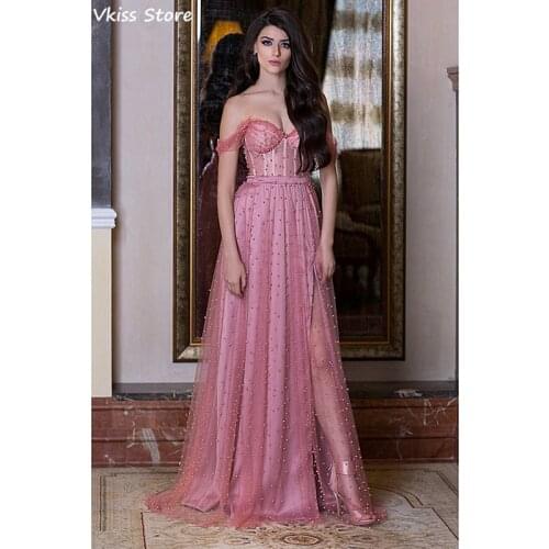 Rose Pink Evening Dress A-line 2020 New Beaded Sweetheart Neck Off Shoulder Split Backless Illusion Prom Dress فساتين السهرة