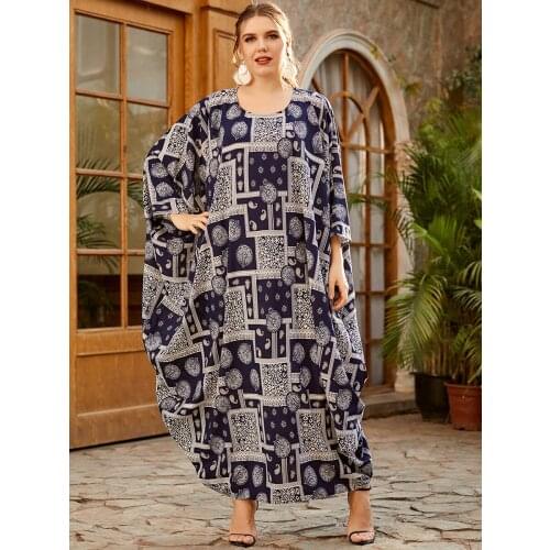 Bat Sleeve Loose Maxi Print Dress Abaya Kimono Ladies Long Muslim Islamic Tunic Dubai Turkey Moroccan Kaftan