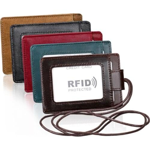 THINKTHENDO RFID Genuine Leather Business ID Card Credit Wallet Badge Holder Student Card Holder with Lanyard