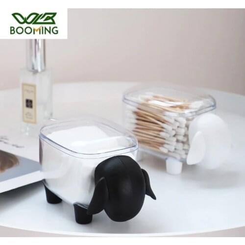 WBBOOMING Cute Sheep Creative Mini Plastic Cotton Swab Storage Box Dust-proof Desktop Organizer Cosmetic Cotton Storage Box