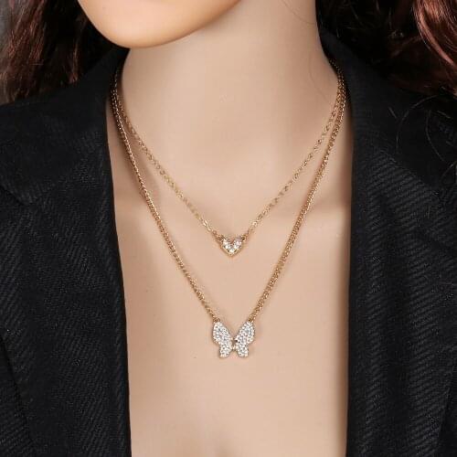 New Fashion womens Neck Chain Full Rhinestone Vintage Butterfly Pendant Geometry Love Double Piece Chain Necklace Metal Jewelry