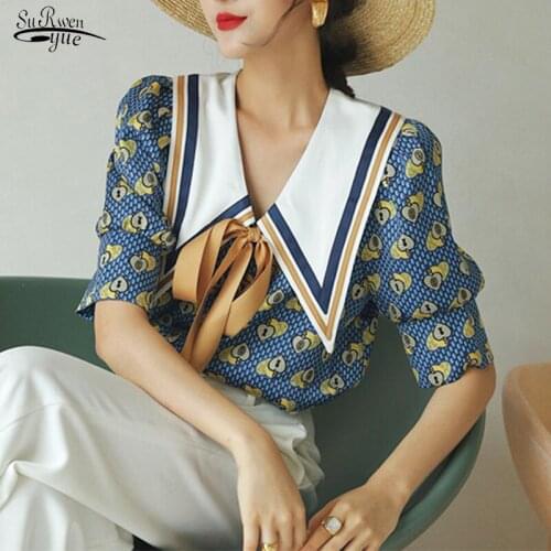 Summer Top Vintage Blouse Blue Puff Sleeve Collar Shirt Women Loose Designer Ladies Tie Top Korean Fashion Clothing Blusas 14636