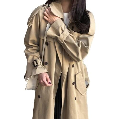Women Autumn Long Trench Coat Khaki Double-breasted Long Sleeve Windbreaker Female With Belt Hiver Overcoat Outerwear R1157