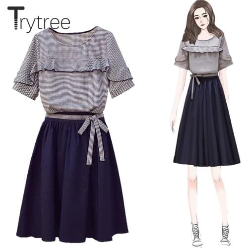 Trytree 2020 Summer Women Two Piece Set Casual O-neck Ruffles Loose Plaid Tops + Skirt Solid A-line Belt Fashion 2 Piece Set
