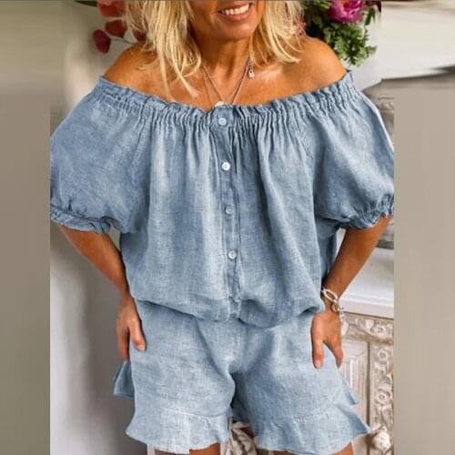 Spring Leopard Print Patchwork Cotton Linen Set Women Slash Neck Button Shirt and Flare Shorts Suit Autumn Pullover 2pcs Outfits