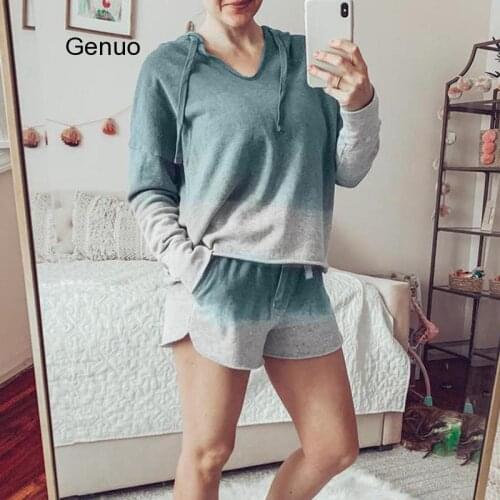 Summer Tie-dye Gradient Printing Two-Piece Suit Women V-neck Long-Sleeved Hooded Top + Lace-up Straight Shorts Fashion Home Suit