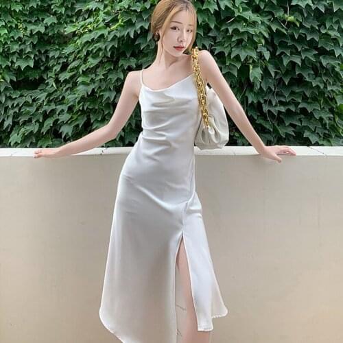 Fashion Summer French Retro Acetate Sleeveless Midi Party Dress Ladies Elegant Streetwear Sexy Strap Beach Vacation Satin Dress