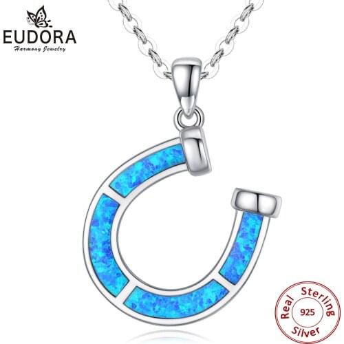 EUDORA 100% 925 Sterling Silver Blue Horseshoe Pendant Opal Necklace Original Design U Shape Women Fashion Jewelry with box D609