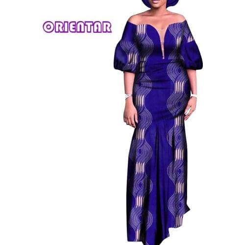 2 Pieces African Dress Fashion Women Long Dashiki Dress with Headscarf Slash Neck Puff Sleeve Robe Africaine Maxi Dress WY511