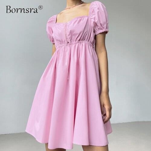 Bornsra Summer 2021 Womens Square Neck Puff Sleeve Skirt Lace-up Pleated Above Knee, Mini Sexy & Club Yellow Dress for Women