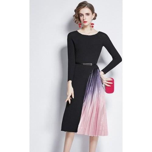 2021 New Elegant Slim Midi-long Dress Long Sleeve Pullover Round Neck Knitted Splice Pleated Dress Women Black With Sashes