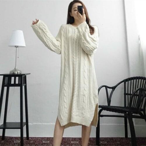 Autumn Winter Knit Pullover Sweater Dress Long Sleeve Women Korean Style Side Slit Fashion Twisted Knitted Dress Vestidos Robe