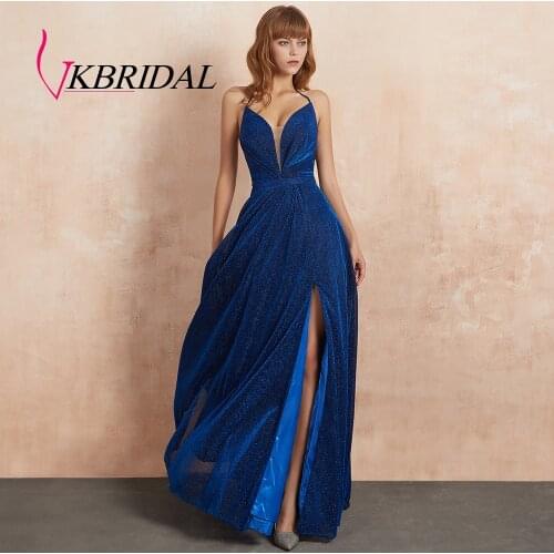 VKBRIDAL Sexy Halter Side Slit Long Prom Dresses 2019 New Glittery Fabric Formal Party Gown with Strappy Back