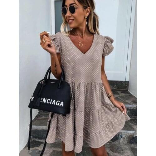 Women Vintage Polka Dot Ruffled A-line Dress Sleeveless Sexy V neck Flare Sleeve Elegant Casual Mini Dress 2021 Summer New Dress