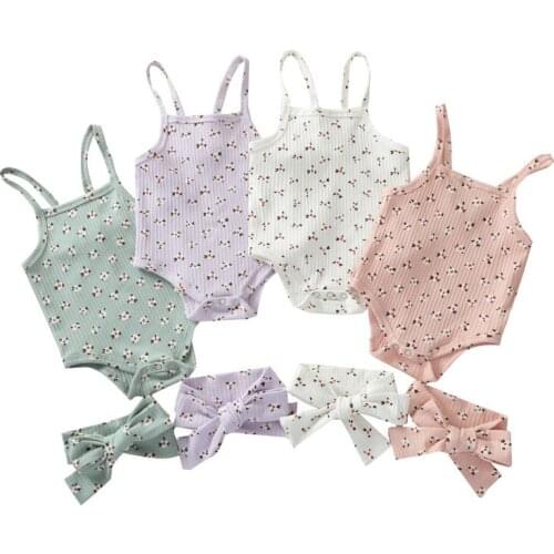 2Pcs Sweet Style Baby Girls Outfits Toddlers Summer Princess Floral Printing Sleeveless Suspender Romper + Bow Headwear Set