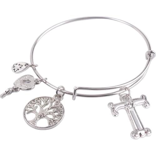 5PCS Silver Color Tone alloy Initial T Letter Expandable metal Wire Bangle #91303