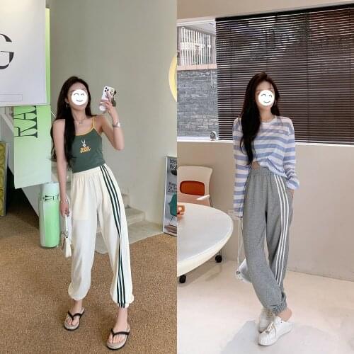 CX 2021 New Autumn Women Sport Pant High Waist Trend Casual Trousers Hong Kong Style Vintage Stripe Beam Foot Trousers Short