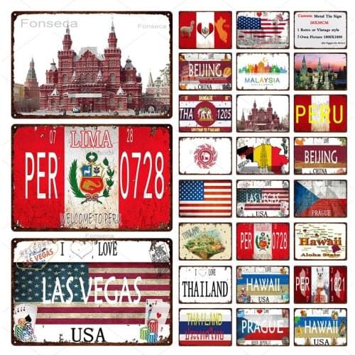 Nation Flag City Scenery Tin Sign Vintage Travel Scenery Metal Sign Bar Wall Decoration Home Decor Painting Plaques Art Poster