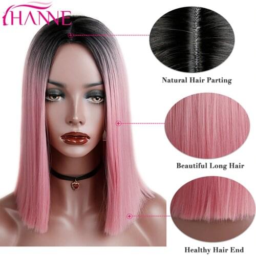 HANNE Ombre Pink/Brown/Grey Straight Shoulder Length Synthetic Wigs Heat Resistant Hair For Black/White Women Cosplay Or Party