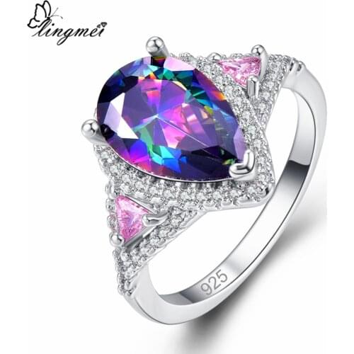 Lingmei New Big Water-Drop Mysterious Pink & Purple Multi White CZ Silver Color Ring Size 6 7 8 9 For Women Wedding Jewelry