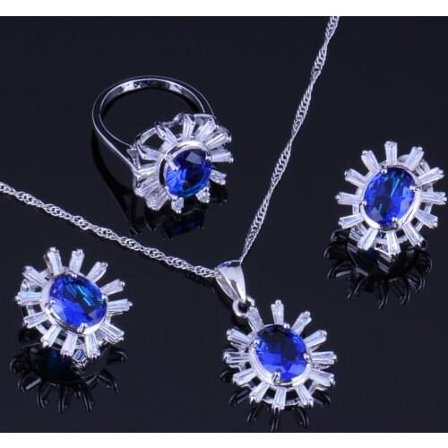 Jolly Blue Cubic Zirconia White CZ Silver Plated Jewelry Sets Earrings Pendant Chain Ring V0245