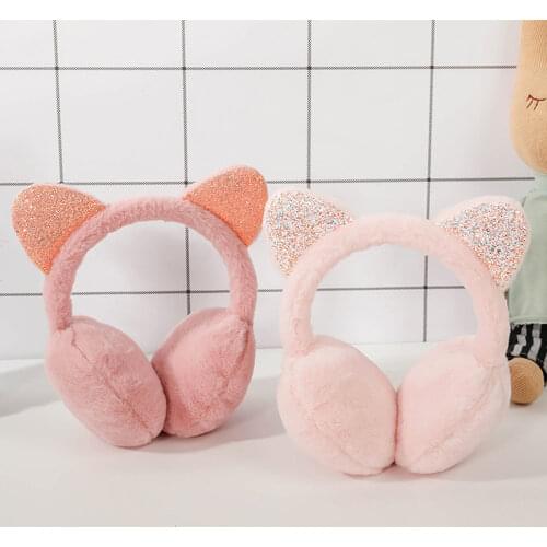 Fashion Cat Ear Plush Earmuffs Shiny Sequin Soft Earflaps Headband for Kids Boys Girls Unisex Vintage Ear-cap Winter Outdoor